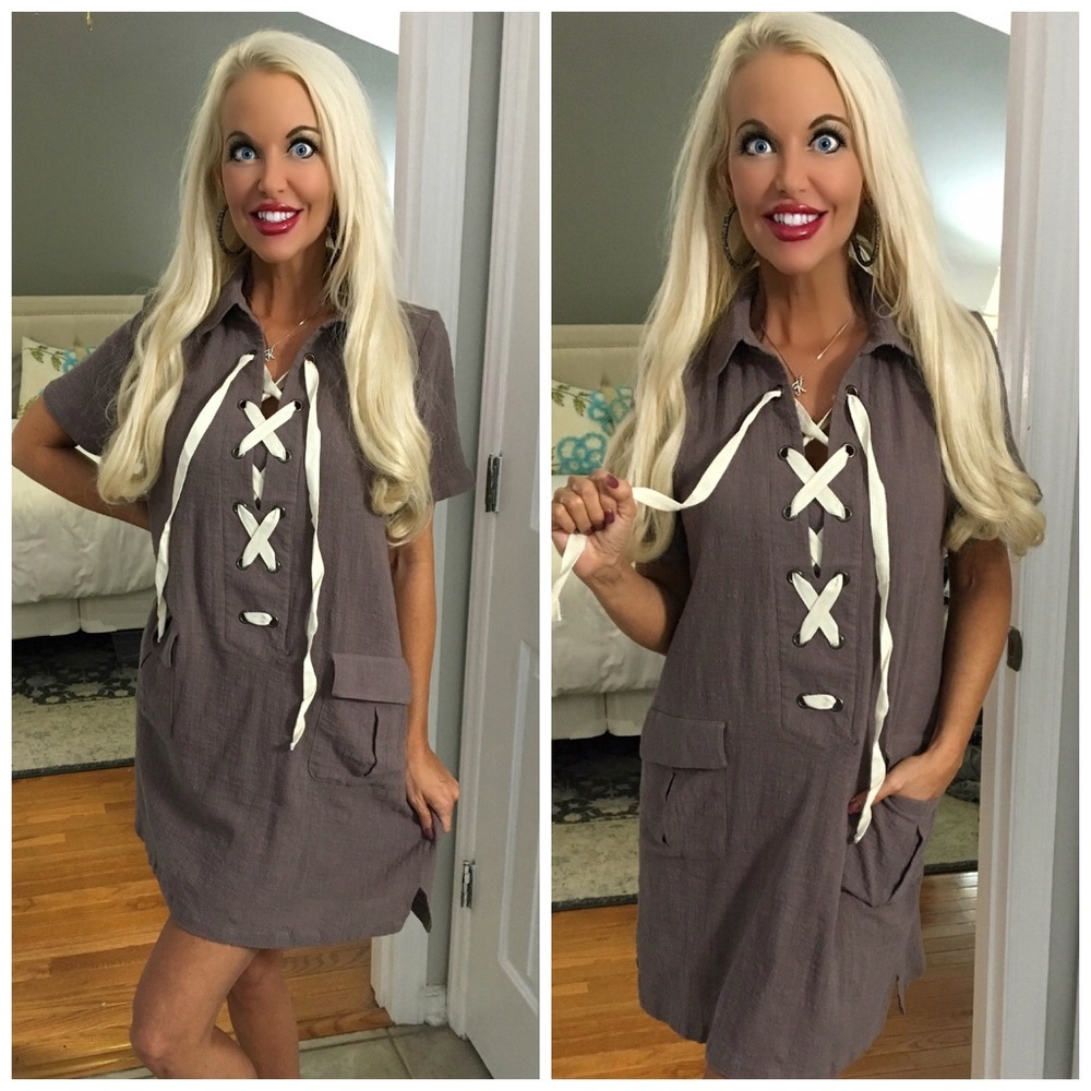 LAST 1! ❤️Taupe/Gray Lace Up Pocket Tunic Dress! - Picture 1 of 2